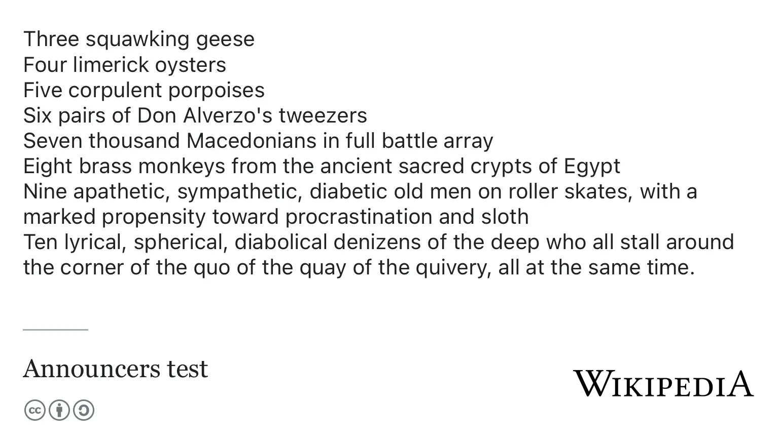 Wikipedia app screenshot of the “Announcers test” article, listing the tongue-twister from three squawking geese and four limerick oysters up to ten lyrical, spherical, diabolical denizens of the deep.
